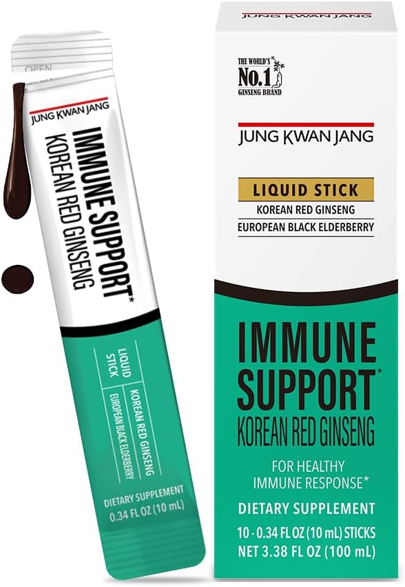 JUNG KWAN JANG Koreansk Rød Panax Ginseng (800mg) og Elderberry (469mg) Immunstøtte Everytime Extract Sticks, Antioxidant Supplement for Immunitet og daglig Wellness, 10 Greve