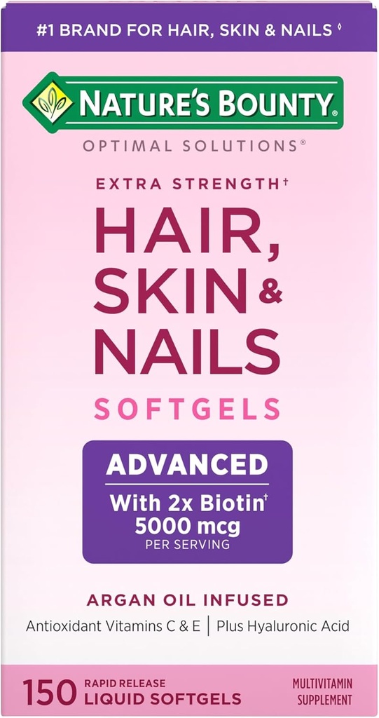 Nature's Bounty Advanced Hair, Skin & Nails, Argan-Infused Vitamin Supplement with Biotin and Hyaluronic Acid, 150 Rapid Release Softgels, 50 Total Servings