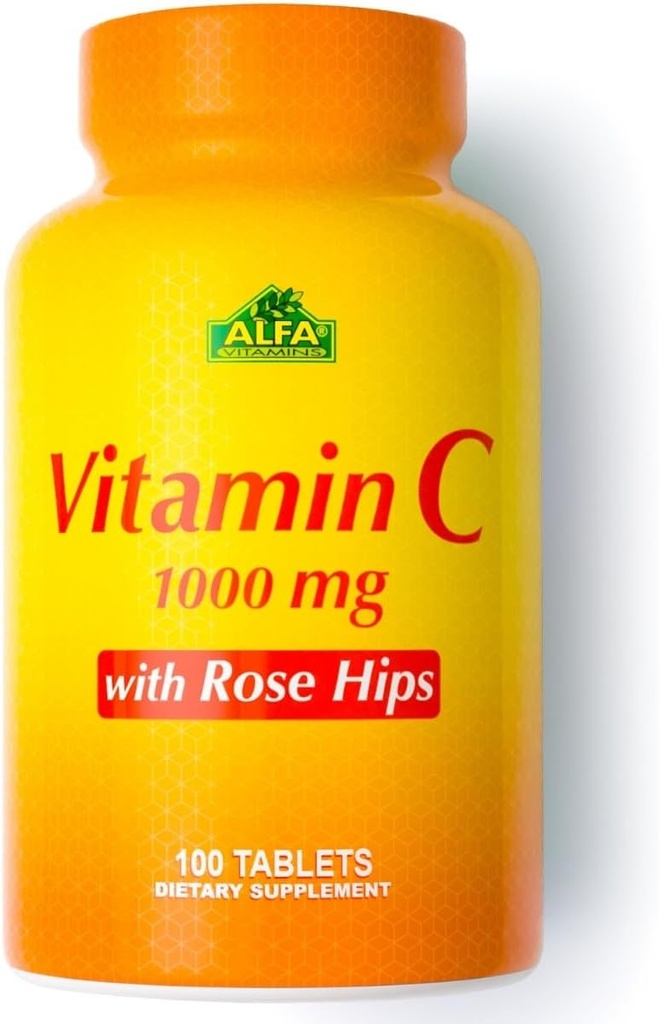 ALFA VITAMINS C-vitamin med Rose HIPS med 1000 mg C-vitamin per servering - Antioxidant & immunforsvar + understøtter sund hud og joints - ikke GMO, Vegan, Gluten Free, Dairy Free - 100 Tabletter