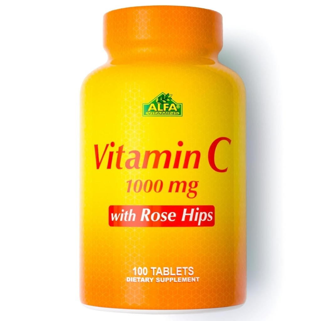 ALFA VITAMINS C-vitamin med Rose HIPS med 1000 mg C-vitamin per servering - Antioxidant & immunforsvar + understøtter sund hud og joints - ikke GMO, Vegan, Gluten Free, Dairy Free - 100 Tabletter