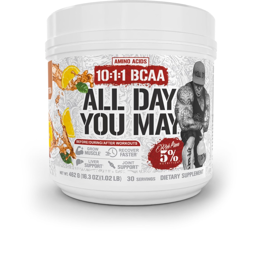 5% Nutrition Rich Piana AllDayYouMay BCAA Powder Premium Intra & Post Workout Aminosyrer, Hydration, Endurance, Muscle Recovery, Joint & Liver Measures 124; 16,3 oz, 30 Srvgs (Southern Sweet Tea)