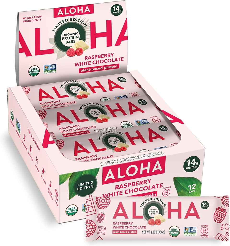 ALOHA Organic Plant Protein Bars 124; Raspberry White Chocolate Buddy 124; 12 Greve, 1.98oz Bars Buddy 124; Vegan, Low Sugar, Gluten Free, Paleo, Low Carb, Non- GMO, Stevia Free, Soy Free, No Sugar Alcohol Sweeteners: LIMITED EDITION