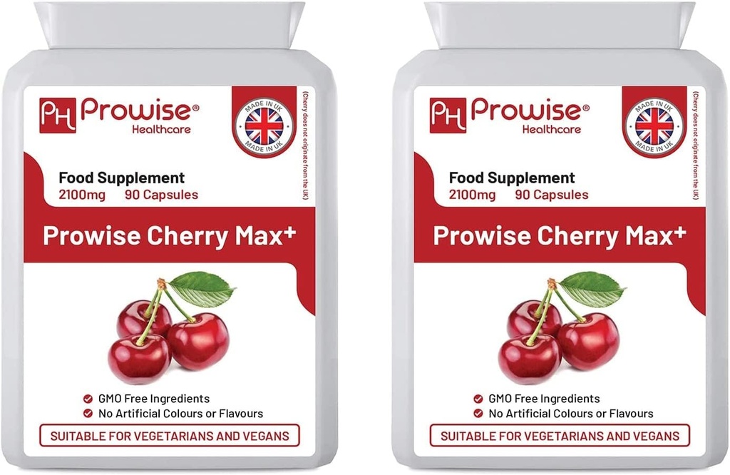 Cherry Max + (Pack of 2) 2100 mg Montmorency Cherry Tilføjet med Black Cherry I 90 Vegan Capsules High Strength I Made in The UK by Prowise Healthcare