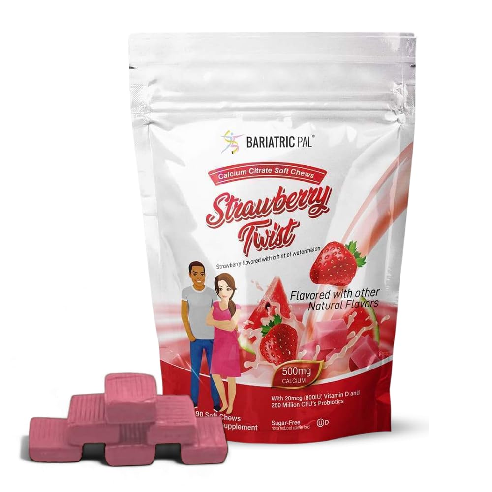 BariatricPal Sugar- Free Calcium Citrate Soft Chews ttesmå 124; 500mg med D-vitamin & probiotika; 124; Strawberry Twist; 124; 90 Greve (1 måned Tilgang)