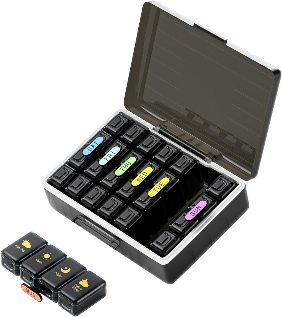 Ugentlig Pill Organizer 4 gange om dagen, Store kompartmenter Pill Box 4X 7 dag, Medicin Organizer Pill sag for piller / vitaminer / fiskeolier / medicin / kosttilskud (sort)