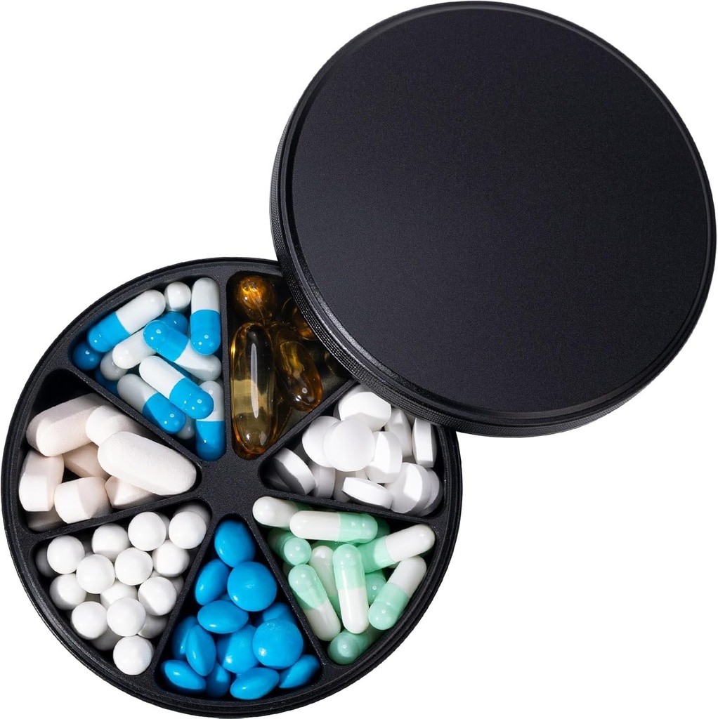 Metal Pill Dispenser Pill Organizer med 7 kompartmenter - Heavy Duty Anti- Mix Pill Container, Stor vandtæt Daily Pill Box Pill sag for Vitamin, Medicin, tillæg, fiskeolie, 0,39lb (sort)