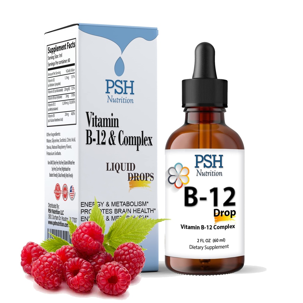 Premium PSH B Complex Liquid Drops med B12 - Natural Energy Booster - USA Lavet supplement til energi og fokus stress Relief og energi og immunforsvar - 2 fl oz