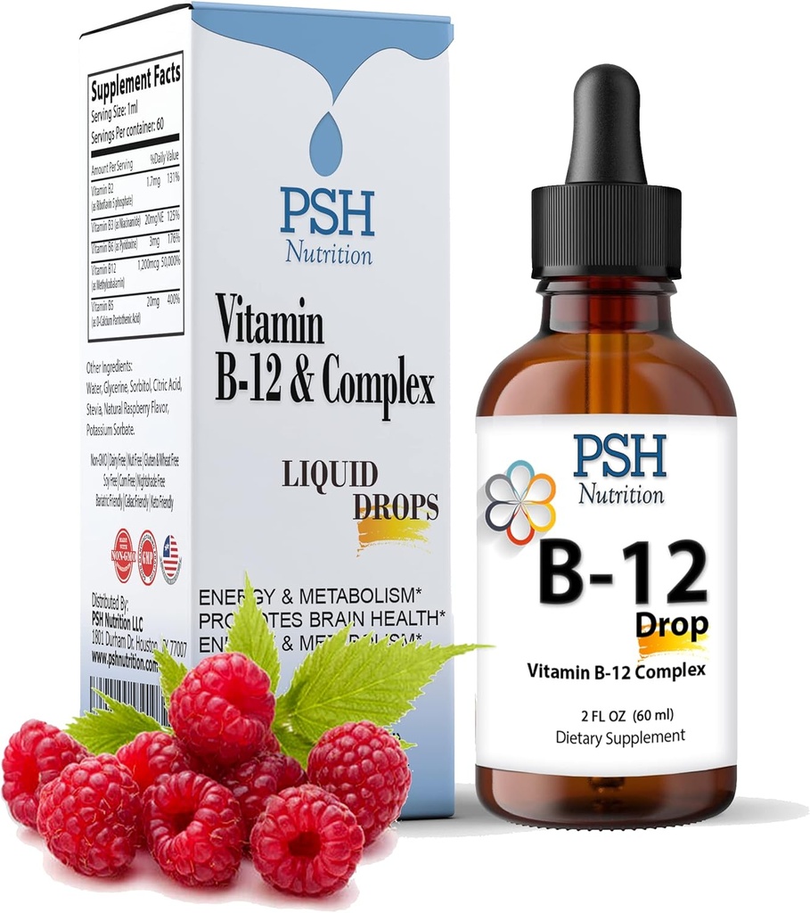 Premium PSH B Complex Liquid Drops med B12 - Natural Energy Booster - USA Lavet supplement til energi og fokus stress Relief og energi og immunforsvar - 2 fl oz