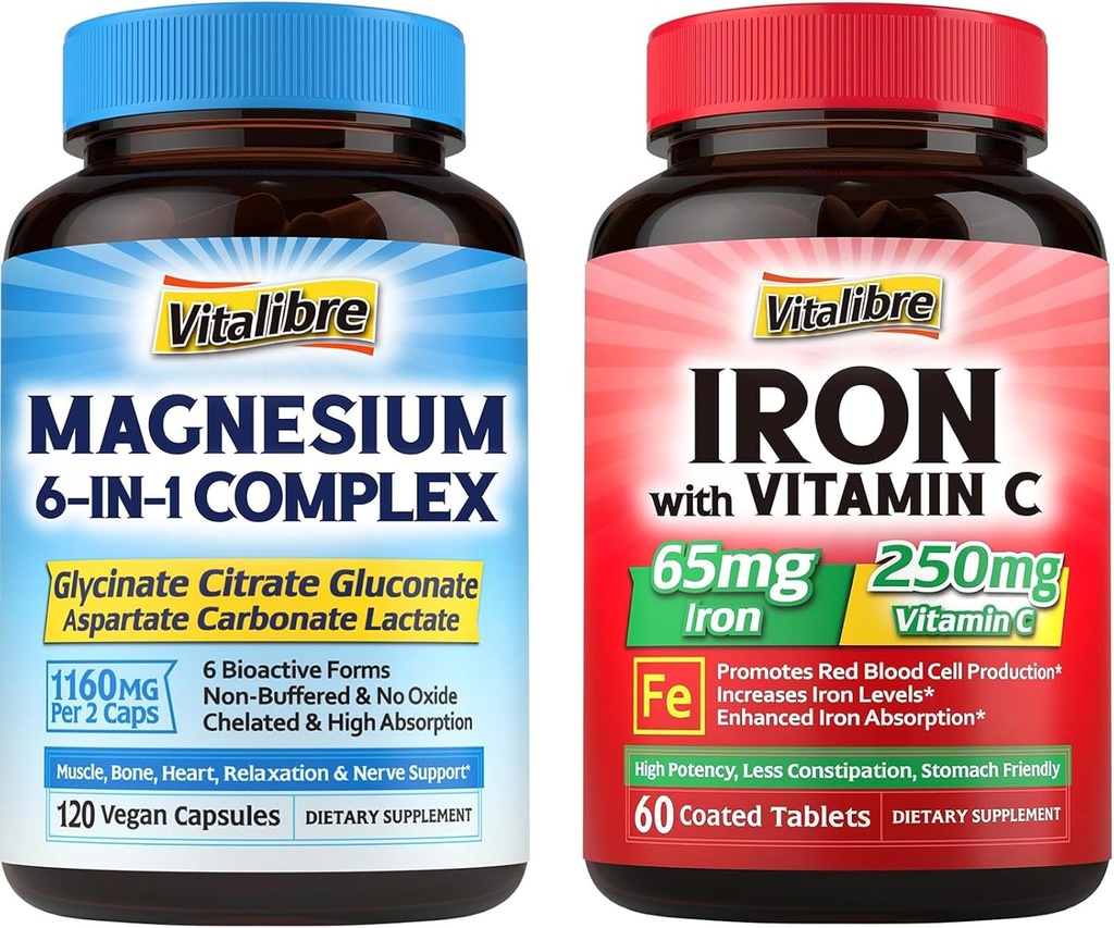 Jerntilskud med vitamin C 60 tabletter & 6 i 1 Magnesiumkompleks Supplement 120 kapsler