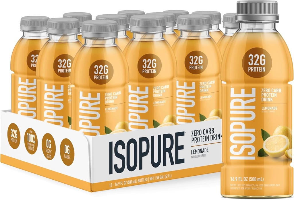 Isopure Zero Carb 32g Clear Protein Ready- to- Drink, Whey Protein Isolate, Lemonade, 12 Pack (Packaging May Vary)