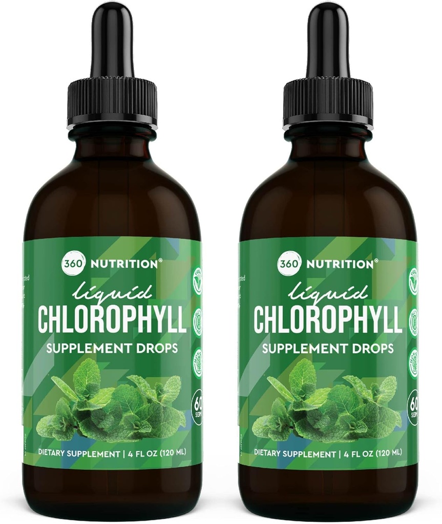 360 Nutrition Chlorophyll Flydende dråber med pebermynte olie, GF & Vegan Body Intern Deodorant Supplement, Understøtter Gut sundhed, fordøjelse, energi, strålende hud, hurtig absorption (4 Fl Oz (2 Greve))