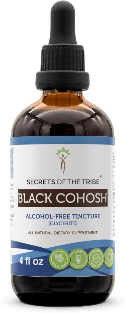 Secrets of the Tribe Black Cohosh Tincture Alcohol- Free Extract, High- Potency Herbal Drops, Tincture Lavet af Responsible opdrættede Black Cohosh (Cimicifuga Racemosa) Tørret rod 4 oz