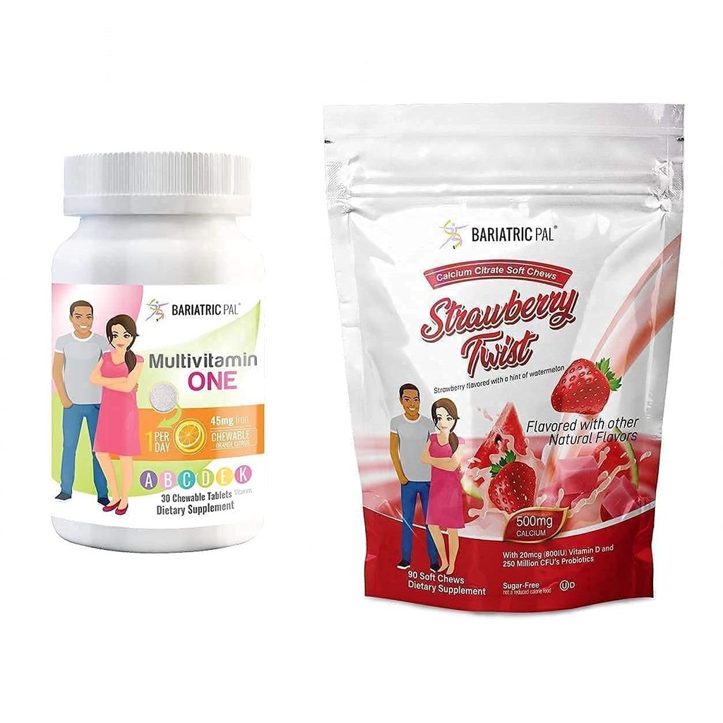 BariatricPal 30- Day Bariatric Vitamin Bundle (Multivitamin ONE 1 per dag! Chewable with 45mg Iron - Orange Citrus and Calcium Citrate Soft Chews 500mg with Probiotics - Strawberry Twist)