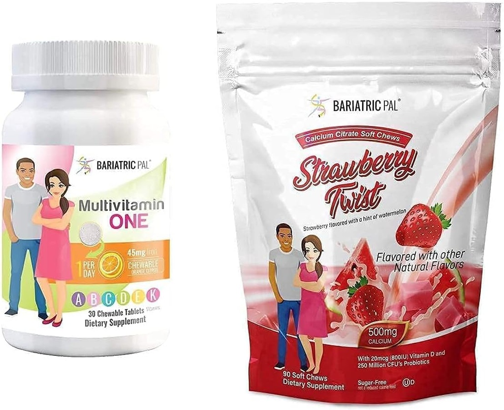 BariatricPal 30- Day Bariatric Vitamin Bundle (Multivitamin ONE 1 per dag! Chewable with 45mg Iron - Orange Citrus and Calcium Citrate Soft Chews 500mg with Probiotics - Strawberry Twist)