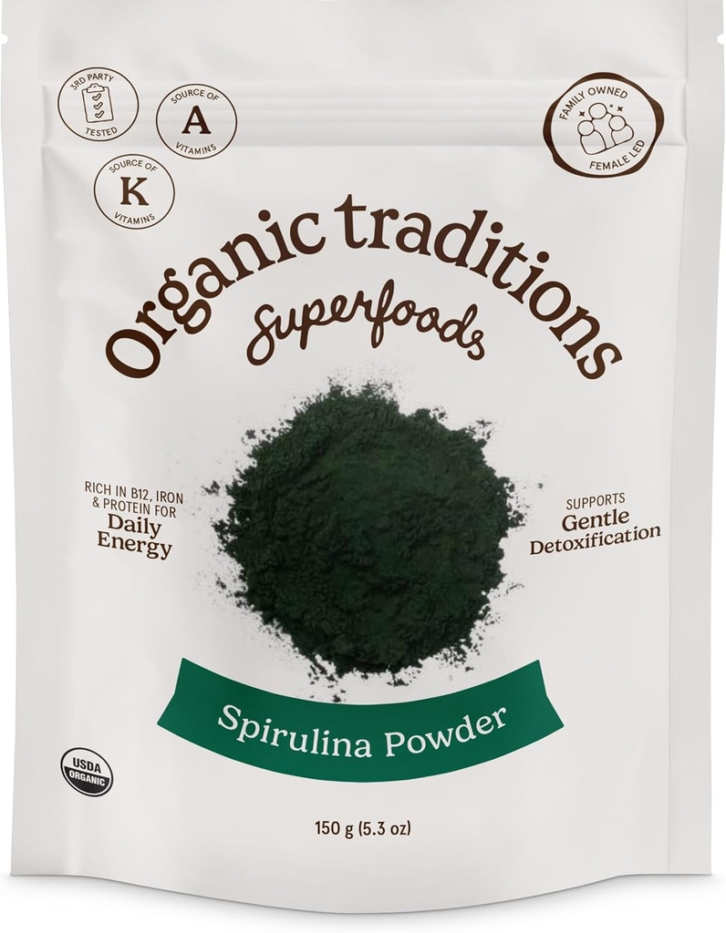 Organic Traditions Organic Spirulina Powder Vegan Non- GMO Superfood, 5.3oz (150g) Bag, 50 Servere per pose