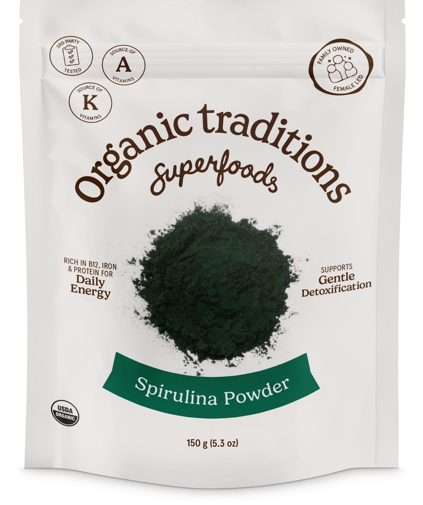 Organic Traditions Organic Spirulina Powder Vegan Non- GMO Superfood, 5.3oz (150g) Bag, 50 Servere per pose