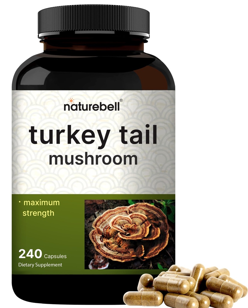 NatureBell Turkey Tail Mushroom Capsules 15,000mg Per Serving, 240 Greve Note 124; 25: 1 Fruiting Body & Mycelium Extract - Immun & Brain Health Mushrooms Supplement.