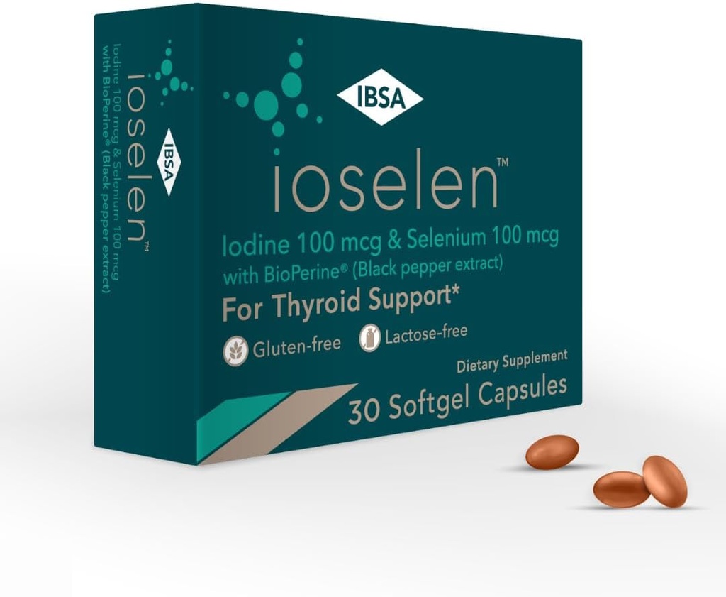 Ioselen - Thyroid Support Supplement - 100 mcg Selenium, 100 mcg Jod, 5mg BioPerine - 30 Soft- Gel Caps for øget biotilgængelighed og absorption - Gluten- Free, Lactose- Free, Sugar- Free, Non- GMO