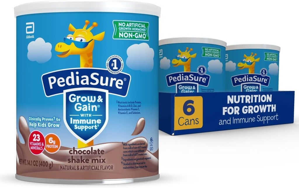 PediaSure Grow & Gain med immunforsvar Ryst Mix Powder, 23 Vitaminer & Mineraler, 6g Protein, non-GMO, Gluten- fri, Kids Nutrition, Chokolade, 14.1 oz Can, pakke med 6-48 portioner