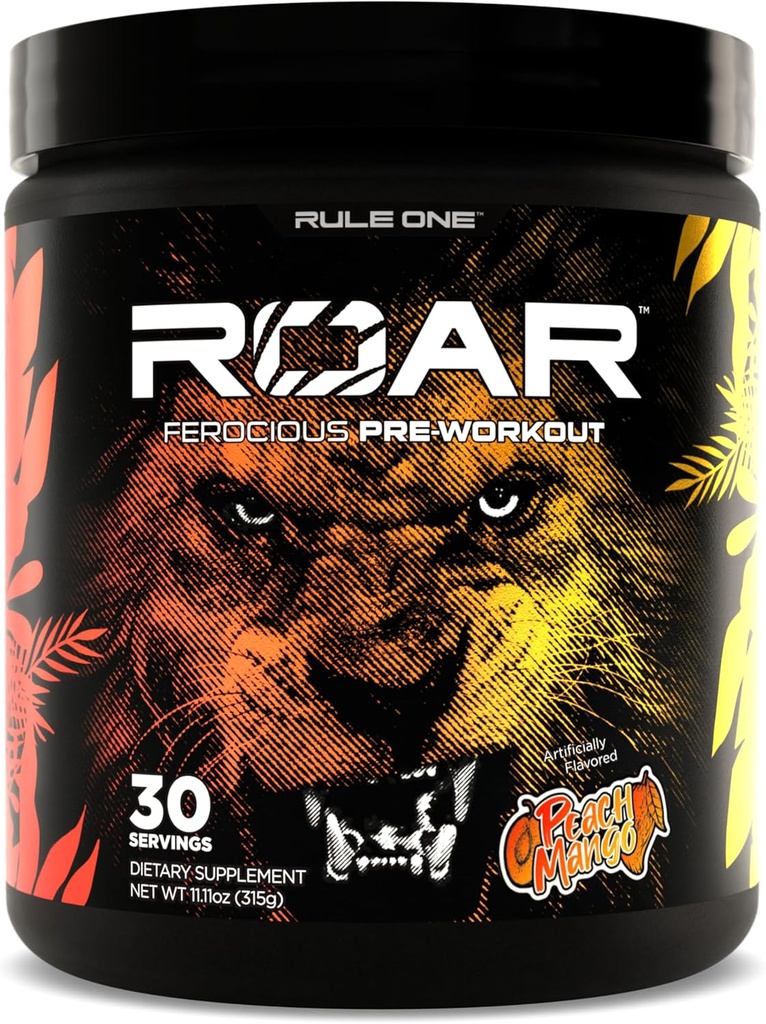 Regel 1 R1 Roar - Pre-workout pulver med Creatin, Beta-Alanine, Citrullin, Elektrolyter & Koffein (30 Servere, Peach Mango)