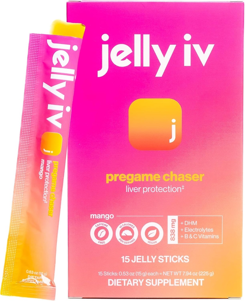 Hurtig morgen Relief supplement Stick af Jelly IV - Naturlige elektrolytter & leverstøtte Inddrivelse - Kvalme Reducerende DHM - B Vitaminer - Plantbaserede krydderisticks - 15 Pack