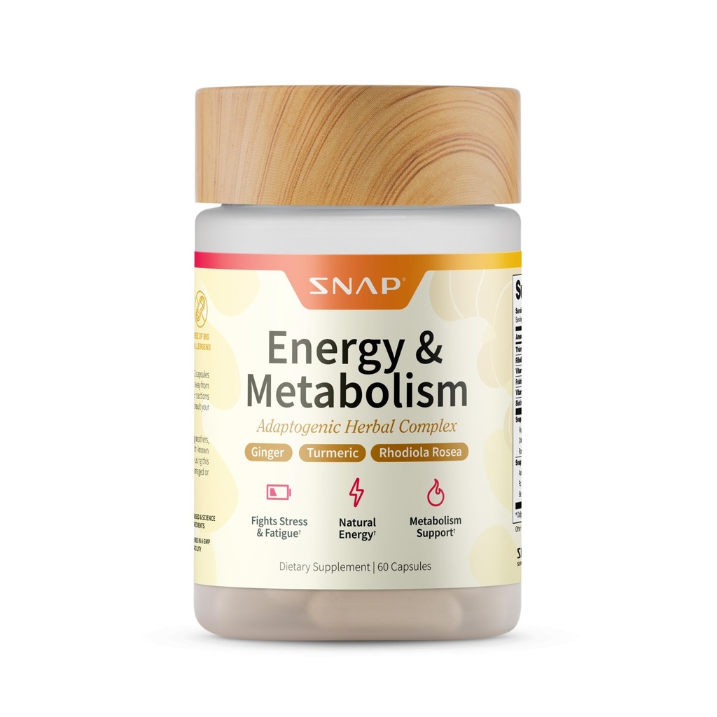 Snap Kosttilskud Energi & Metabolisme Urtekompleks for træthed, stress Relief, energi Booster & bedre mad, energipiller til kvinder & mænd, 60 kapsler (30 Servering, 1 måned Tilgang)