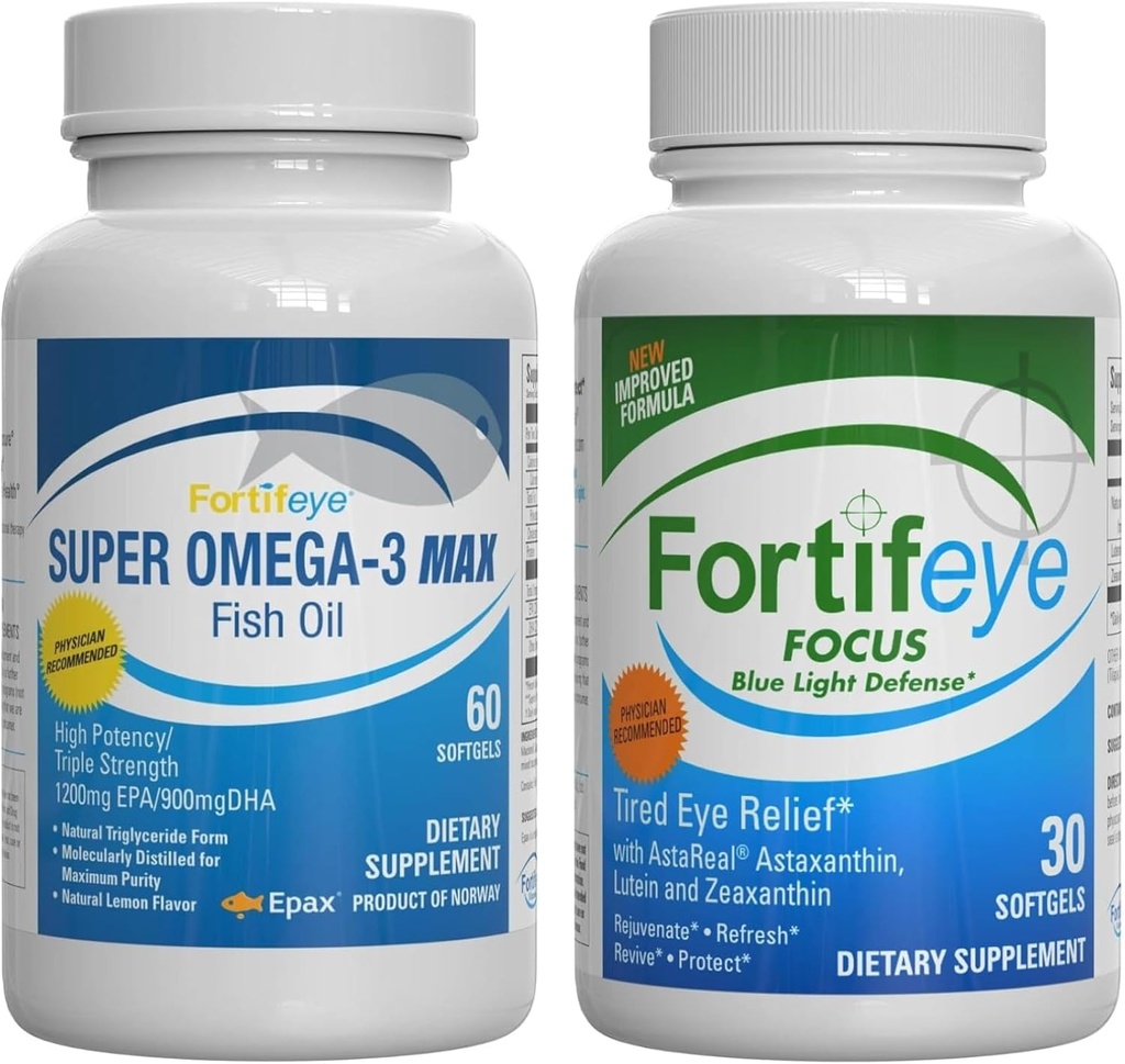 Fortifeye Blue Light and Heart Health Support Bundy 124; Super Omega-3 Max Fish Oil, 60 Softgels, og Focus Blue Light Defense, 30 Softgels