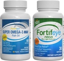 Fortifeye Blue Light and Heart Health Support Bundy 124; Super Omega-3 Max Fish Oil, 60 Softgels, og Focus Blue Light Defense, 30 Softgels