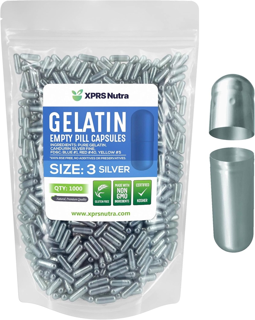 XPRS Nutra Størrelse 3 Tomme kapsler - 1000 Tomme Gelatine kapsler - Piller gør det - Pure Bovin Pill Gel Caps til Do- It- Yourself Kosttilskud (Sølv)