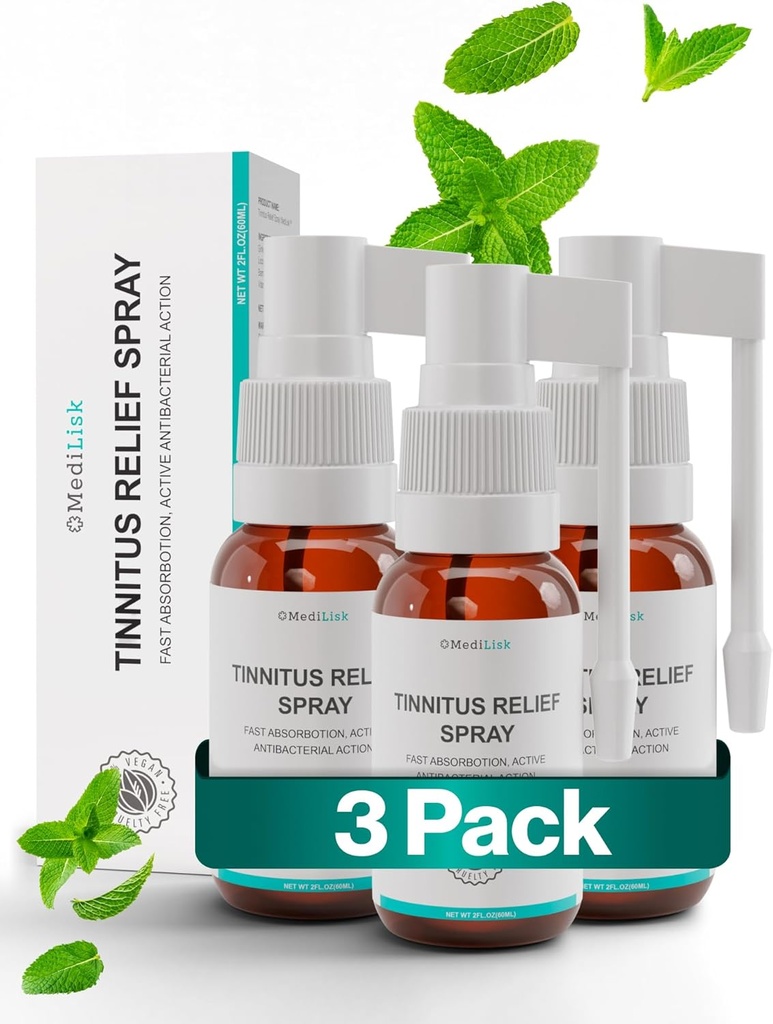 Meditisk Tinnitus Relief Spray - Understøtter Tinnitus Relief til Ringøre - Urteøre pleje produkter - Non- Steroidal & Hypoallergen - 1 Fl Oz - Pack af 3