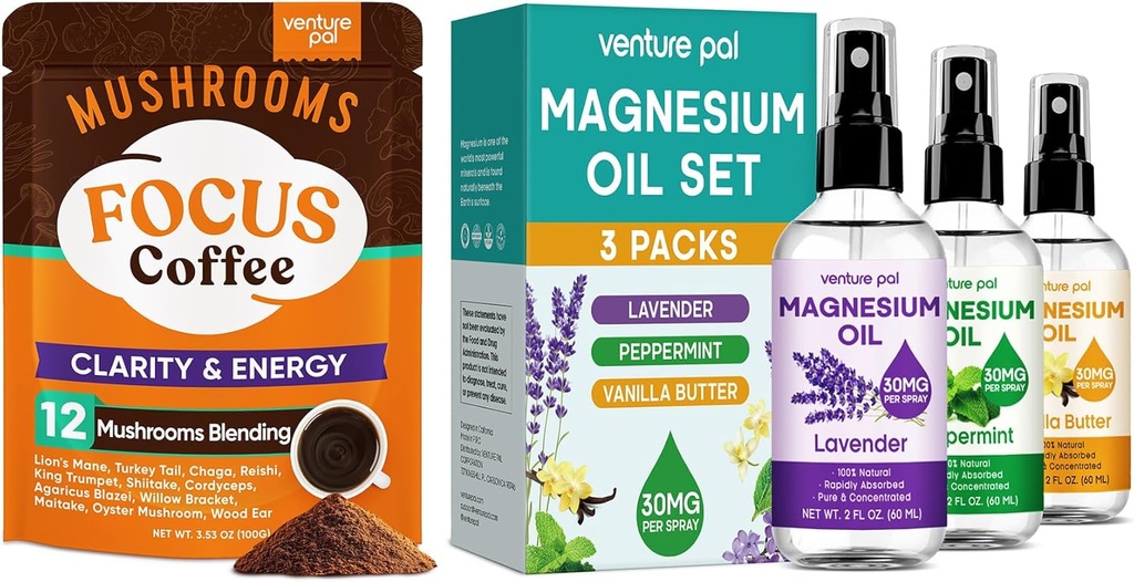 Venture Pal Mushroom Coffee & Magnesium Oil Spray Bundle: 12 i 1 Kaffe med Ashwagandha til Focus & Immunity + 3 Pakker Pure Magnesium Spray til afslapning, søvn & Muscle Relief - 40 Servering