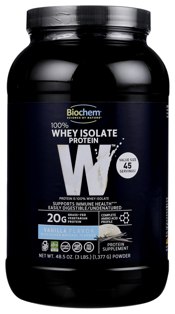 Biochem 100% Whey Isolate Protein Powder, Vanilla Flavor, 20g Grass- Fed Protein, Keto Friendly, Gluten Free, Nemt fordøjelig, Vegetarisk, 48,5 oz, 45 Servere