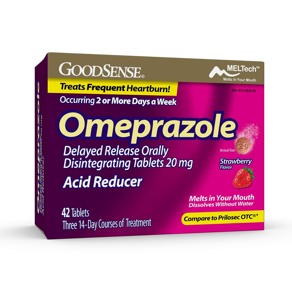 GoodSense Omeprazol Forsinket udgivelse Oralt opløses tabletter 20 mg, Jordbær flavor, Opløs tabletter, Treatings Hyppig hjerterytme, Syre Reducer, Heartburn Medicin, 42 tabletter