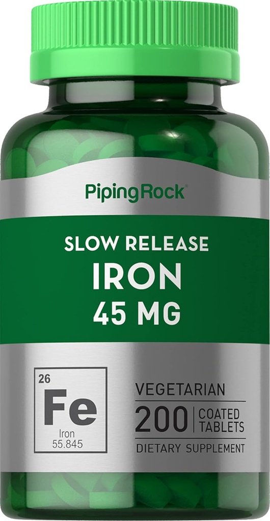 Piping Rock Iron Supplement 45 mg • 124; 200 tabletter • 124; for kvinder & mænd • 124; Slow Release Ferrosulfat • 124; Vegetar, Non- GMO & Gluten Free