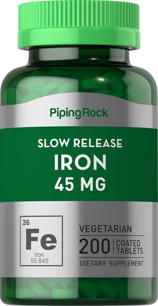 Piping Rock Iron Supplement 45 mg • 124; 200 tabletter • 124; for kvinder & mænd • 124; Slow Release Ferrosulfat • 124; Vegetar, Non- GMO & Gluten Free