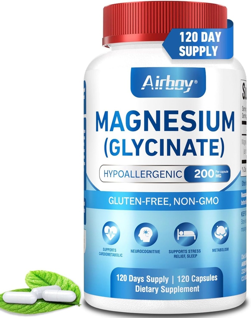 Airboy Magnesium Glycinat 200 mg, Best Magnesium Glycinat til søvn, 120 Veganske små kapsler, Høj Absorption Support Afslapning, Søvn og rolig Mood, Non- GMO og No Gluten