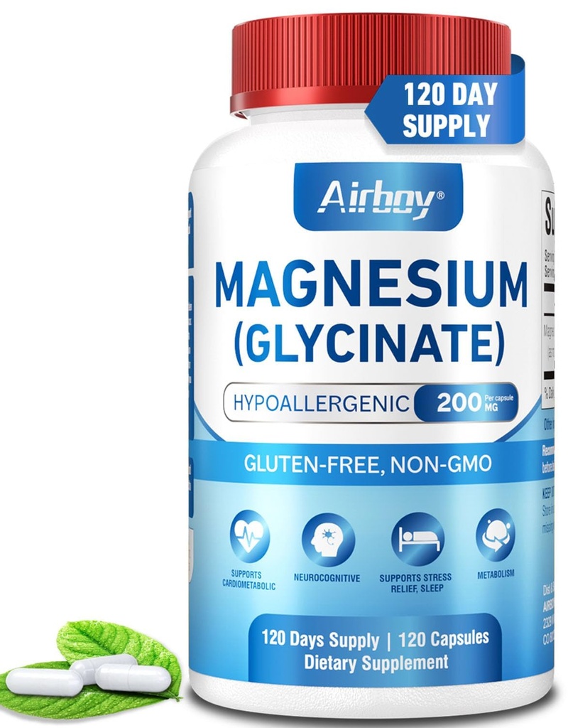Airboy Magnesium Glycinat 200 mg, Best Magnesium Glycinat til søvn, 120 Veganske små kapsler, Høj Absorption Support Afslapning, Søvn og rolig Mood, Non- GMO og No Gluten