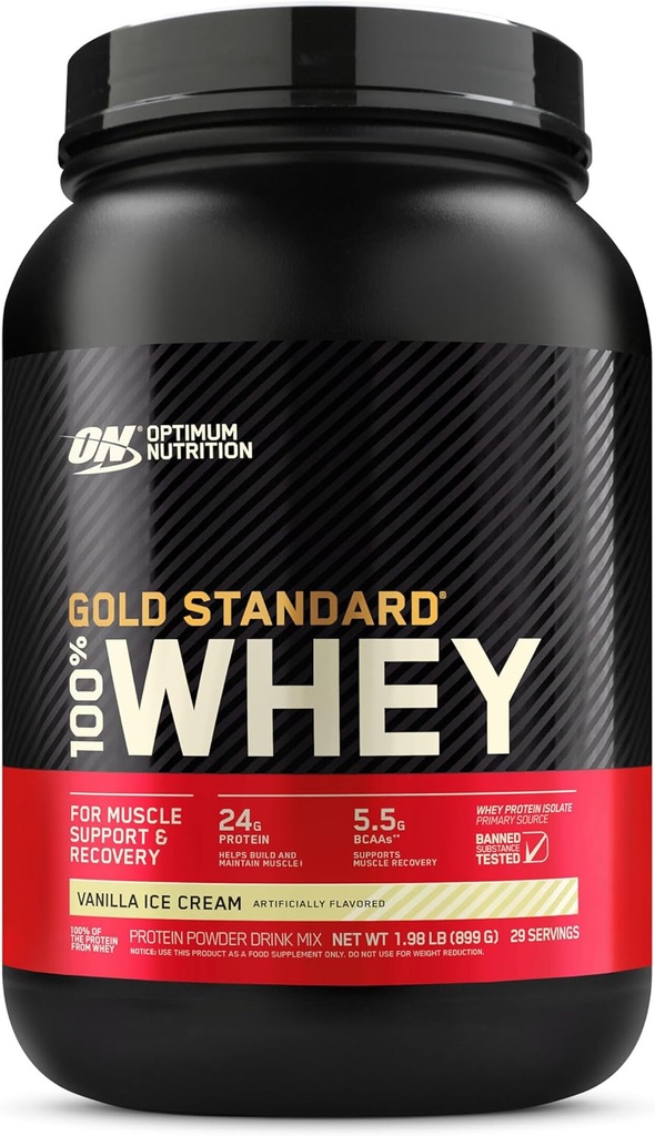 Optimum Nutrition Gold Standard 100% Whey Protein Powder fra Whey Isolates, Vanilla Ice Cream - 2 Pund