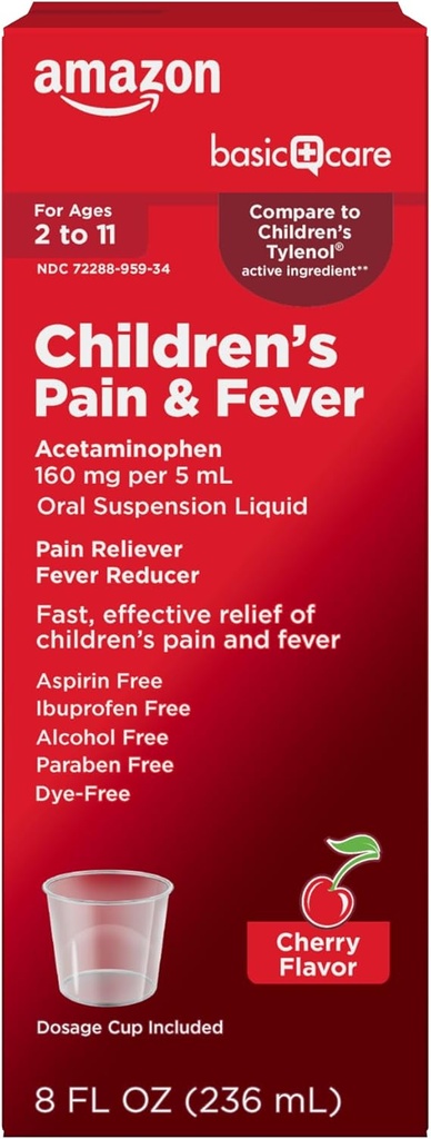 Basal Care Children 's Pain and Fever, Acetaminophen 160 mg per 5 mL Oral Suspension, Farvefri Cherry Flavor, Feber Reducer og Smerte Reliever for Hovedpine, Sore Hals og Tandpine, 8 fl oz