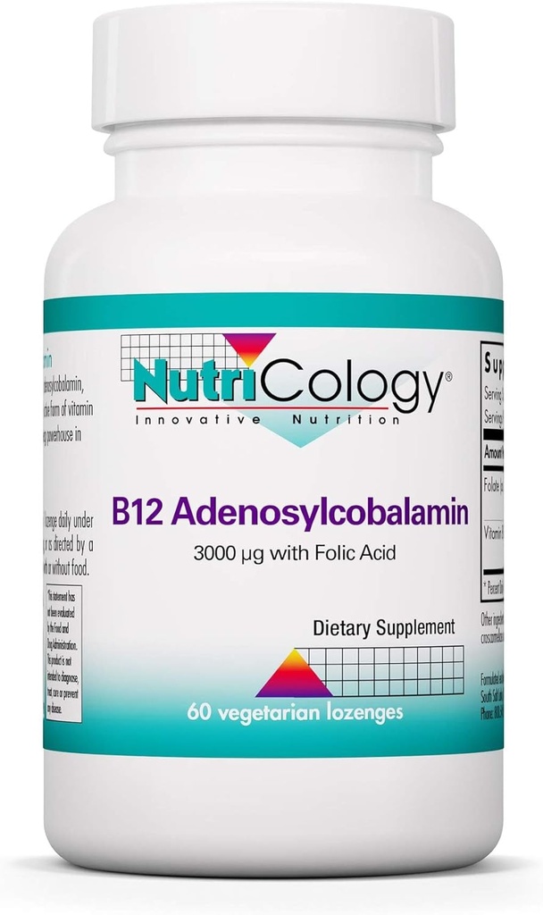 Nutricology B12 Adenosylcobalamin Supplement - med folinsyre, vitamin B12 3000 mcg, Folate, Pure B12, Vegetarisk Lozenges - 60 Greve