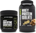 NutraBio Creatin monohydrat, Unflavored, 150g og Whey Protein Isolate, Vanilla Caramel, Supplement Bundle - Muskelenergi, Lean Muskelvækst, Recovery, og Styrke