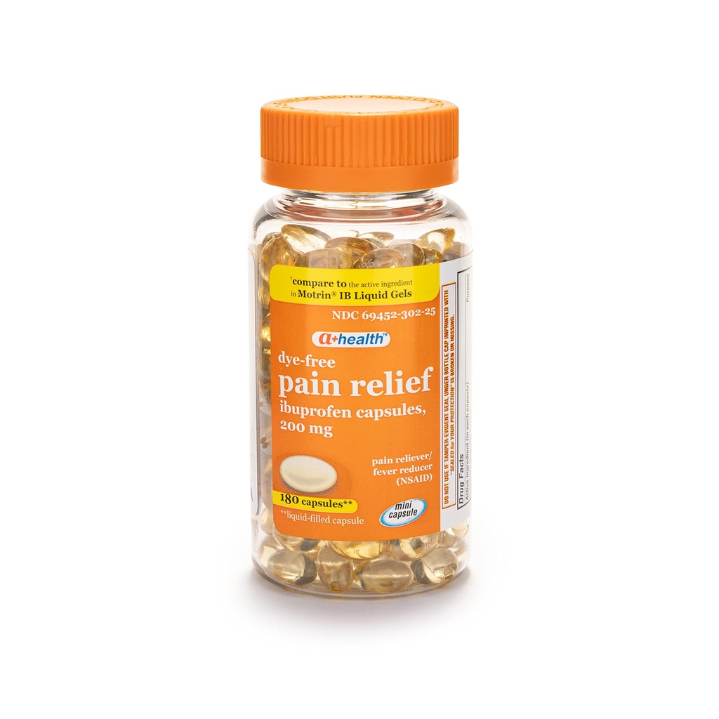 A + Health Dye- Free Ibuprofen 200 Mg Mini Softgel, Pain Reliever / Fever Reducer (NSAID), 180 Tæl