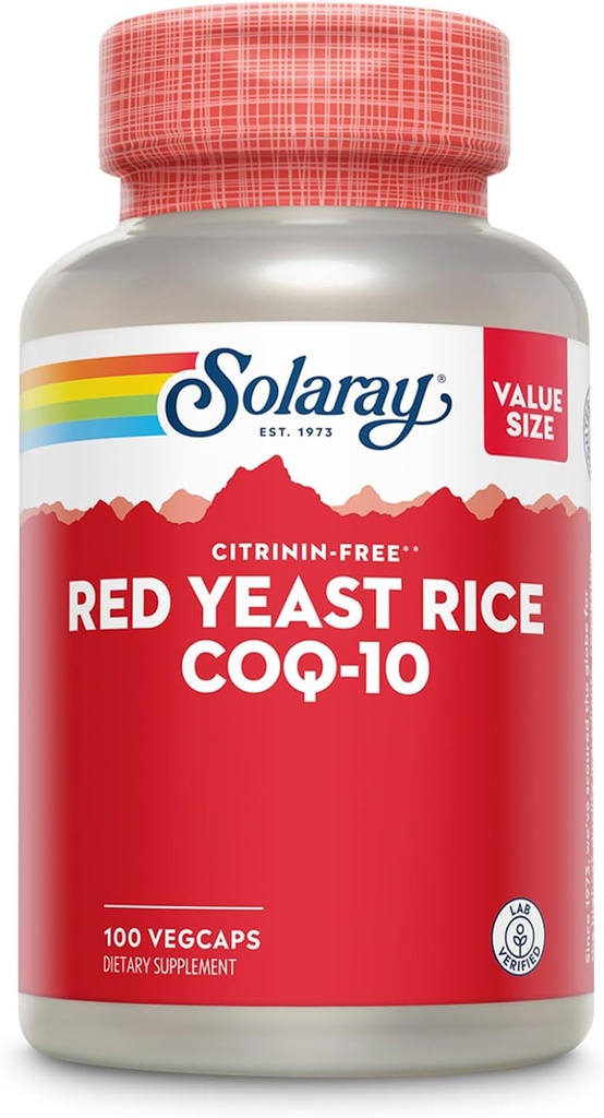 SOLARAY Red Yeast Rice Plus CoQ- 10 & No- Flush Niacin Vitamin B-3, Sund Hjerte & Kardiovaskulær Support, Ikke-bestrålet & Citrinin Gratis, 60 dag penge tilbage garanti, 100 Servere, 100 VegCaps