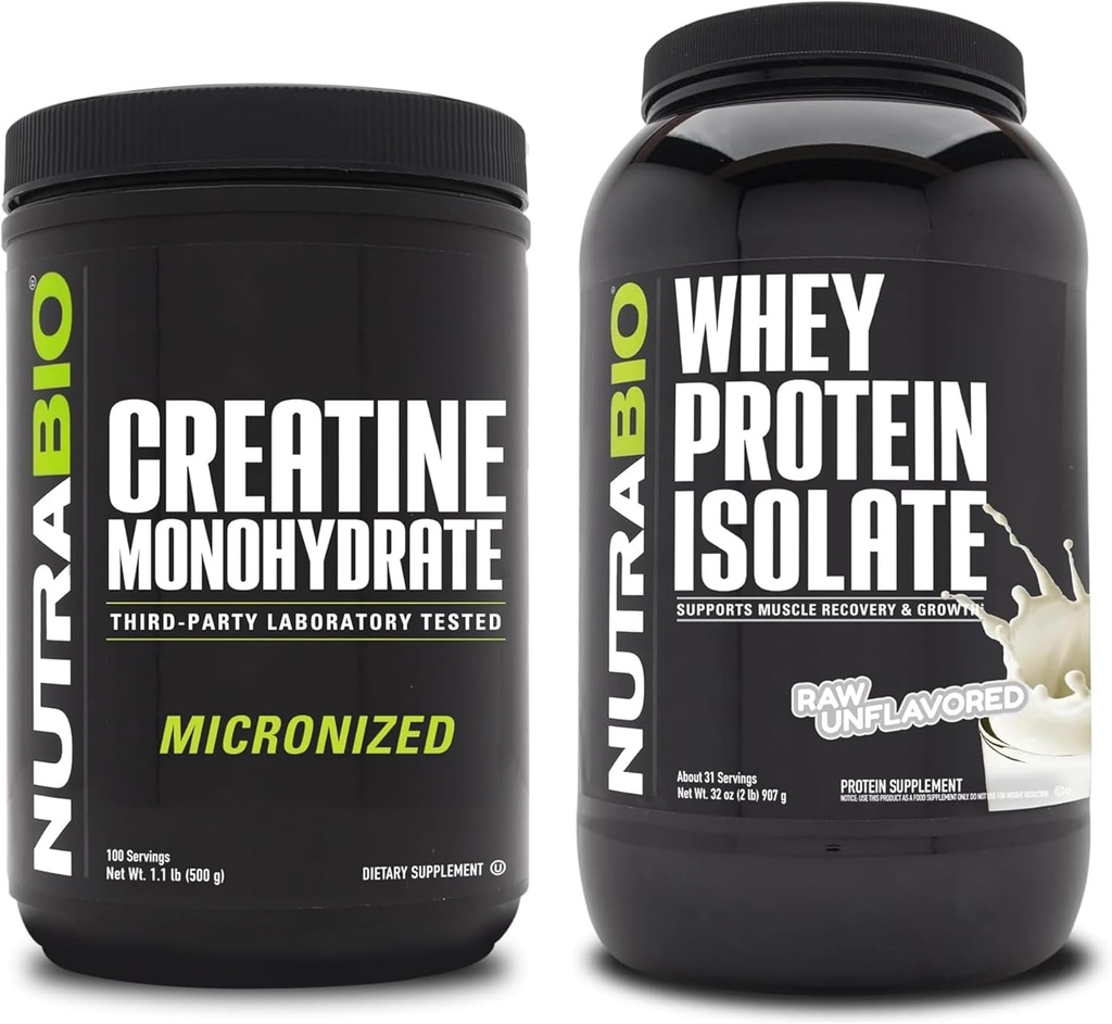 Nutrabio Creatin monohydrat, Unflavored, 500g og Whey Protein Isolate, Unflavored, Supplement Bundle - Muskelenergi, Lean muskelvækst, Inddrivelse, og Styrke