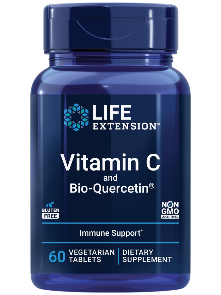 Life Extension Vitamin C og Bio- Quercetin ®, Kardiovaskulær Health Supplement, Immunstøtte, Meget absorberbar, quercetin, Vitamin C, Gluten Free, Non- GMO, Vegetar, 60 tabletter