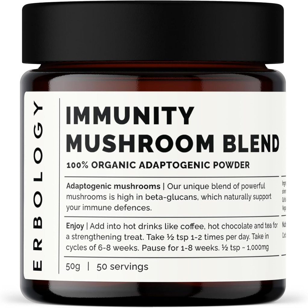 Erbologi Organic Immunity Mushroom Complex 50 Servering - Høj i Beta- glucans - Reishi, Cordyceps, Lions Mane, Tyrkiet Hale - Bæredygtigt dyrket i Europa - Vegan - Non- GMO - Ingen Tilføjet Fillers