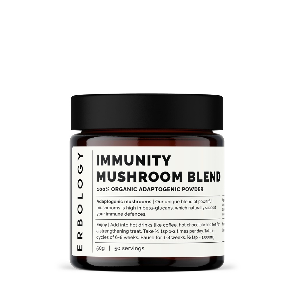 Erbologi Organic Immunity Mushroom Complex 50 Servering - Høj i Beta- glucans - Reishi, Cordyceps, Lions Mane, Tyrkiet Hale - Bæredygtigt dyrket i Europa - Vegan - Non- GMO - Ingen Tilføjet Fillers
