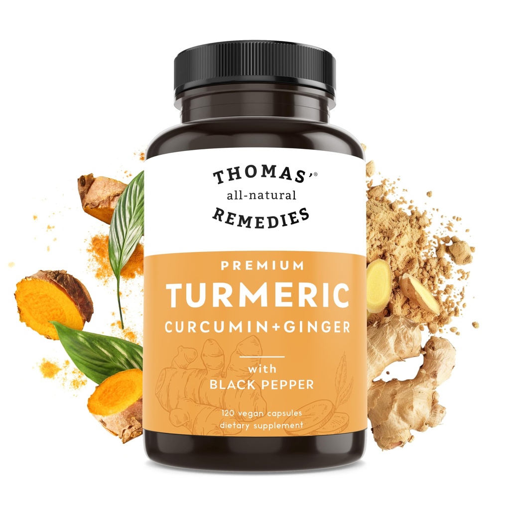 Thomas 'all- naturlige retsmidler gurkemeje og ingefær med sort peber, økologisk gurkemeje fælles support- 95% curcumin - ingen fyldstoffer, Vegan - 120ct