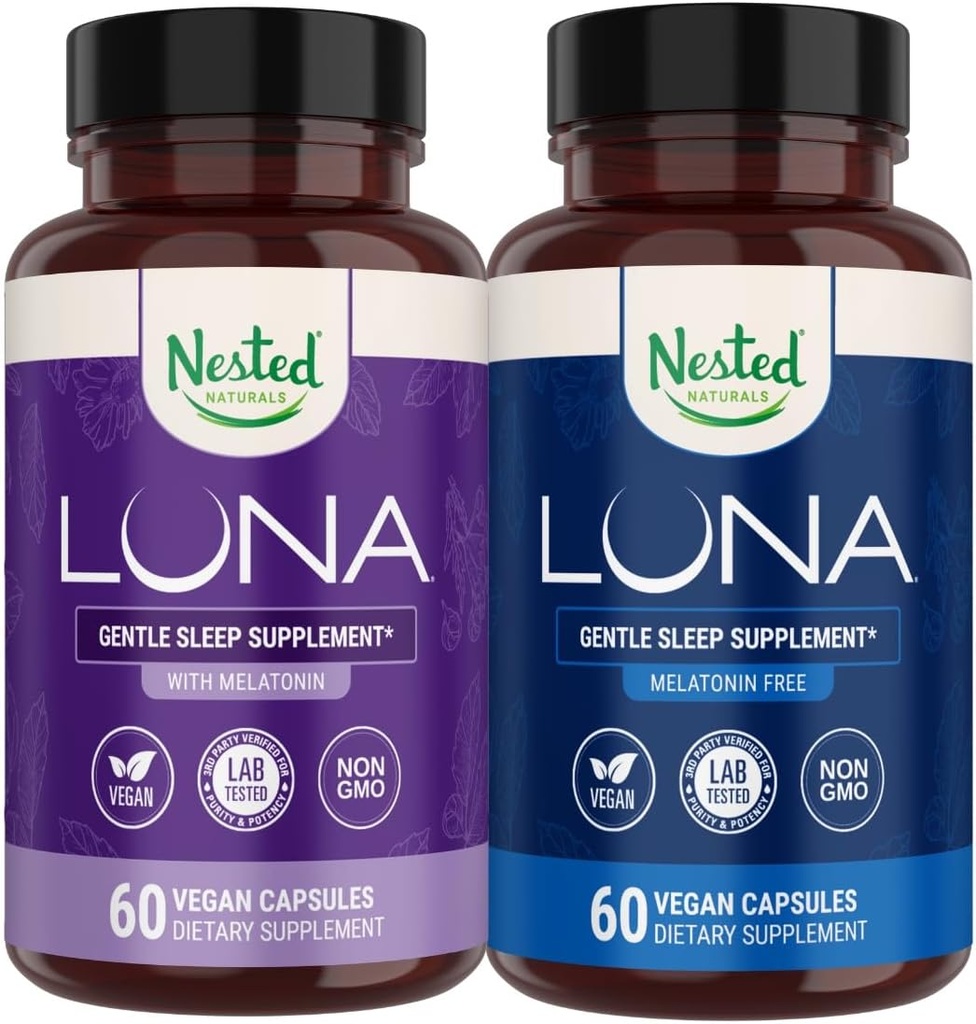 Nested Naturals Luna Sleep Aid Bundle ttesmå 124; Luna & Luna Melatonin- Gratis sovepiller med naturlige ingredienser Melatonin, Valarien, & mere (120 Greve)