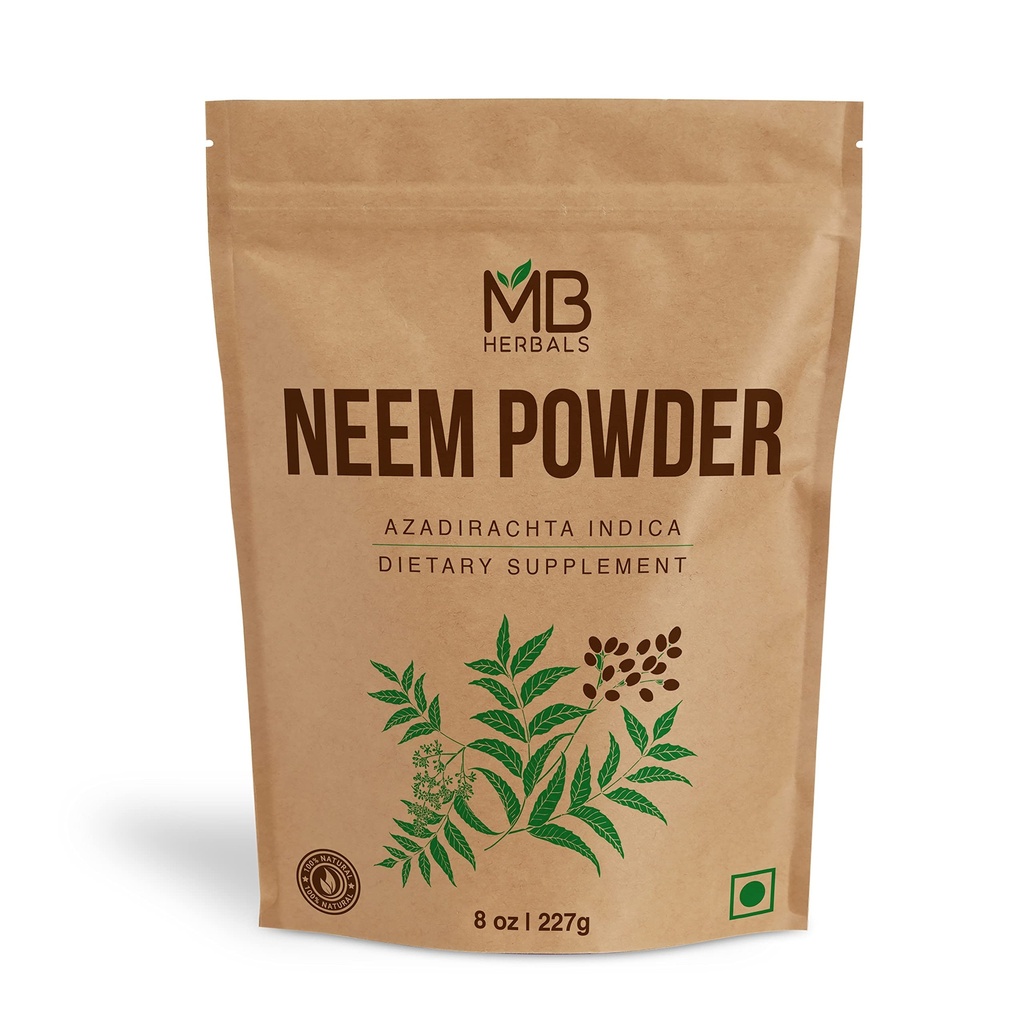 MB Herbals Pure Neem Powder 8 oz Б124; 227 Gram / 0,5 LB Pure Wild- Crafted Neem Leaf Powder Б124; Supplement til hud og hår